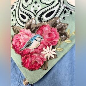 Upcycled & Embellished Green Floral Bird Bandana